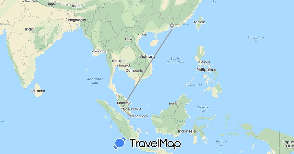 TravelMap itinerary: plane in Hong Kong, Malaysia, Singapore (Asia)